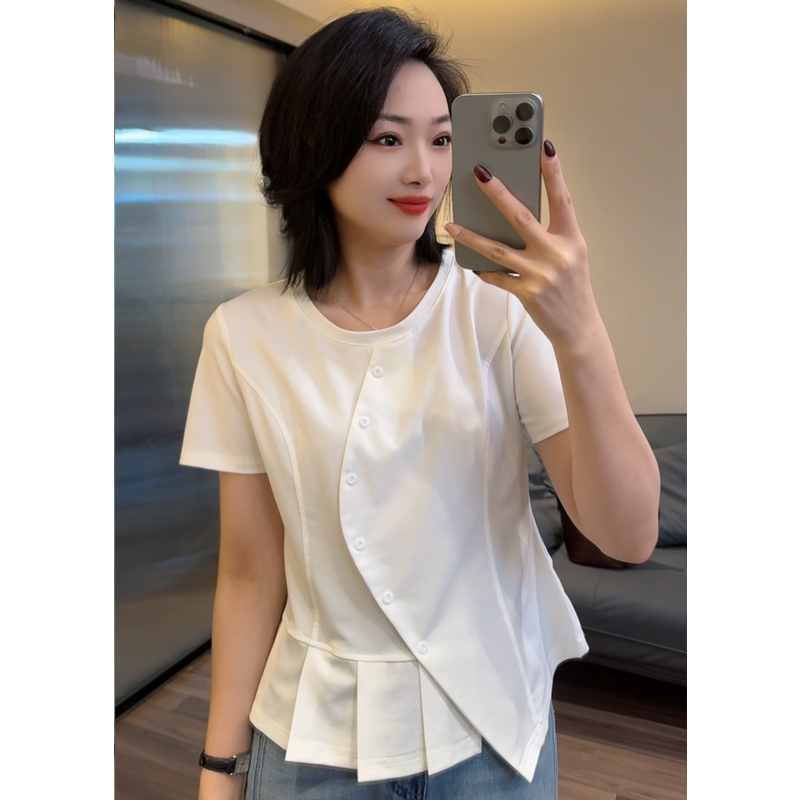 不规则短袖百搭T恤女夏新款洋气别致小衫设计感小众收腰上衣25077