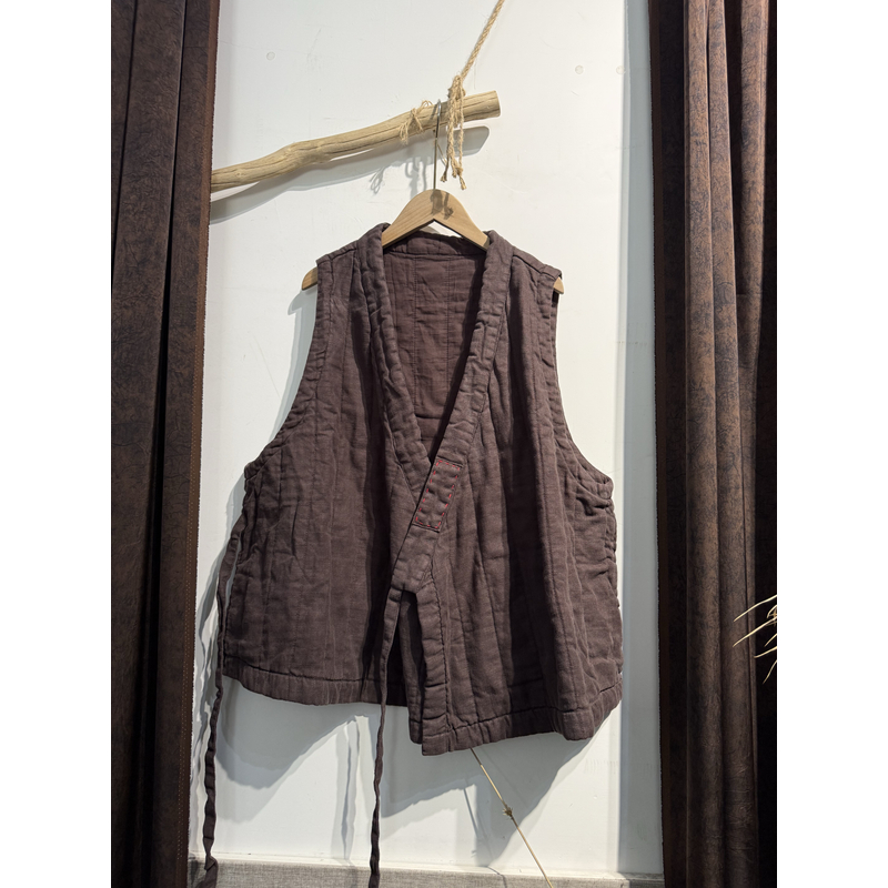 汉式马甲 砂洗炒色亚麻宽松航线夹棉汉式马甲 长63