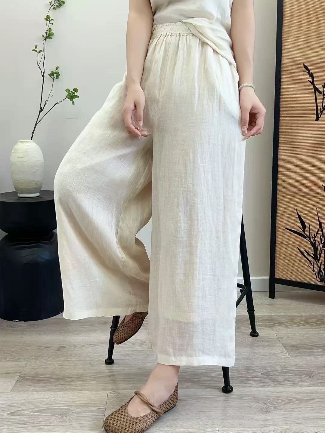 编号500-599苎麻纯色松紧腰双层裤女夏季薄直筒裤复古宽松休闲裤