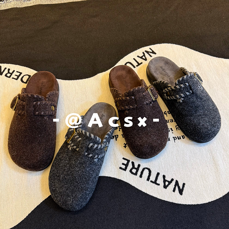 【阿茶】手作毛毡~跟高3.5CM /2025秋冬新款厚底增高包头博肯拖鞋女