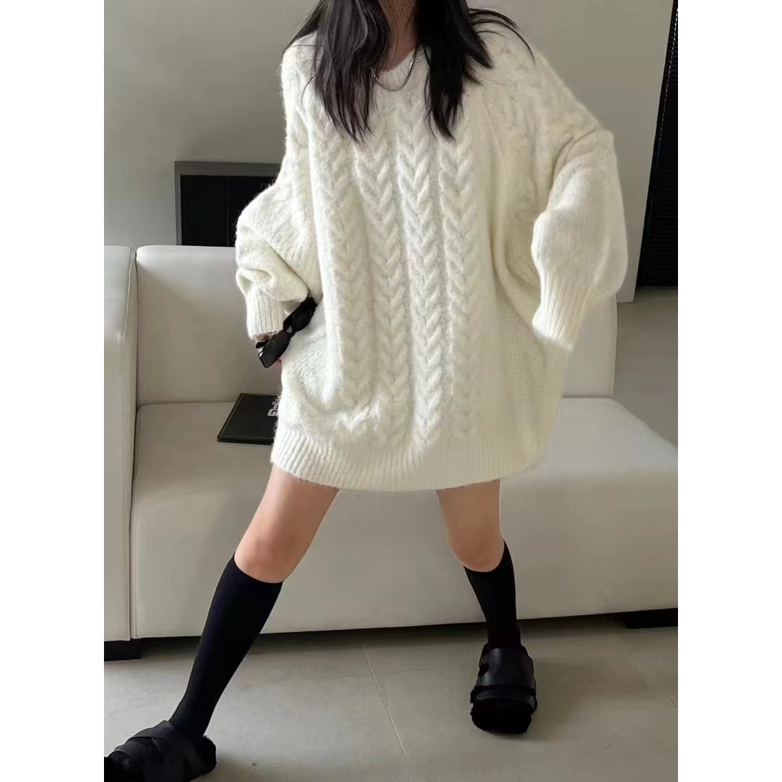 秋冬新款大码625-3慵懒风中长款松软糯遮屁股外穿厚针织毛衣