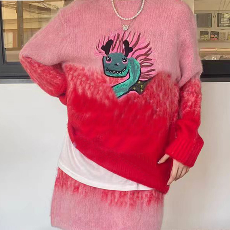 JY3ZZD123464设计感绣花小龙新款秋冬百搭圆领针织毛衣女