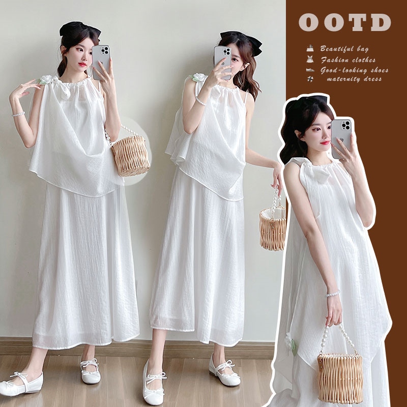 法式挂脖孕妇连衣裙宽松设计感中长款两件套小白裙
