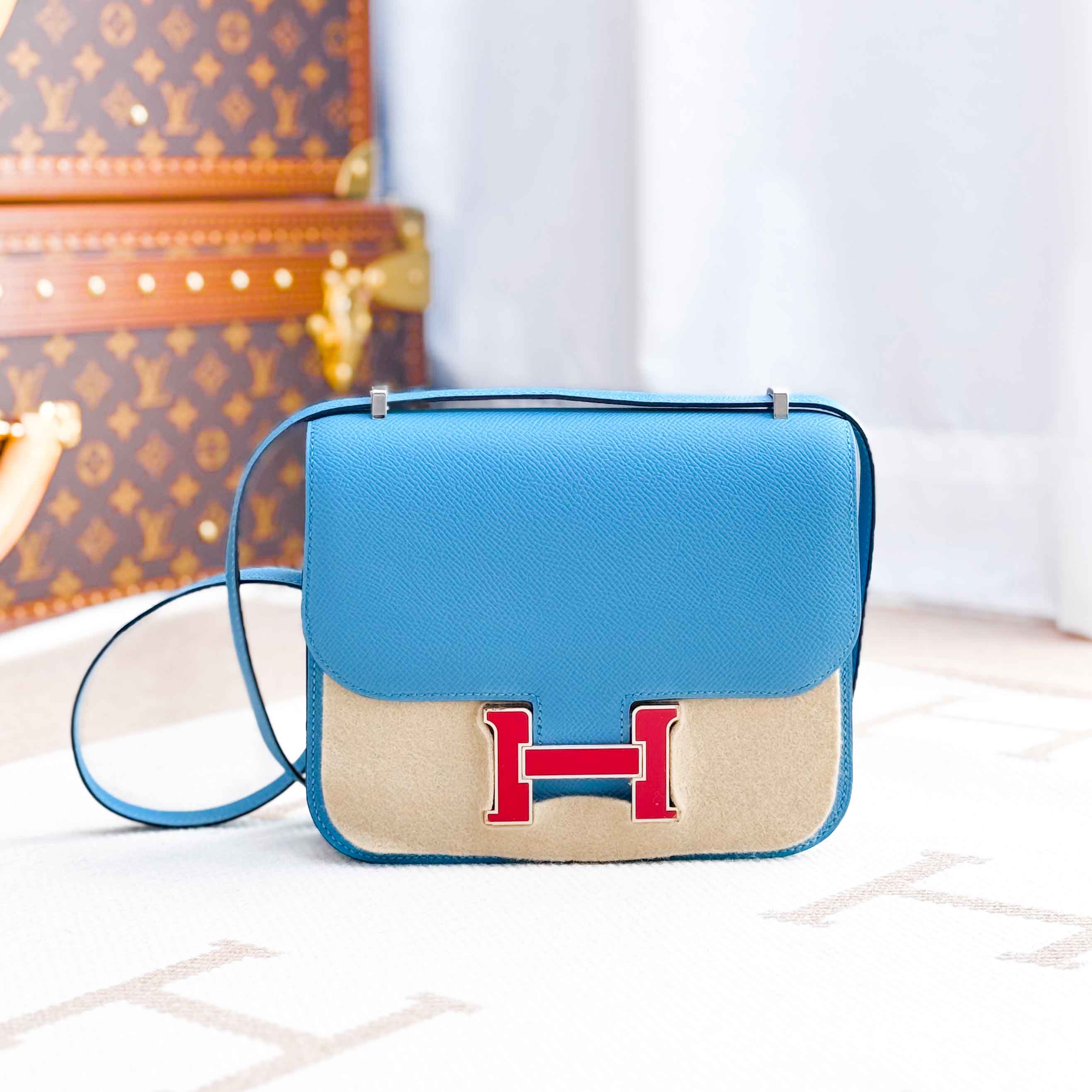 99新 Hermes/爱马仕 constance mini 蓝色 红色扣 Epsom皮 D刻包 