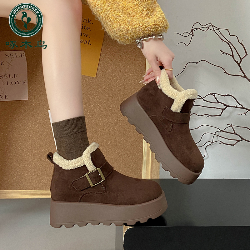 啄木鸟厚底勃肯鞋女士加绒保暖新款加绒新款舒适冬季增高雪地靴