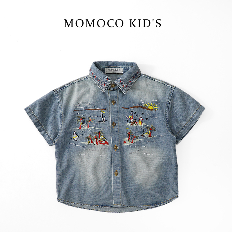 MOMOCO夏季牛仔短袖衬衫绣花工艺时尚夏款儿童上衣75230129002