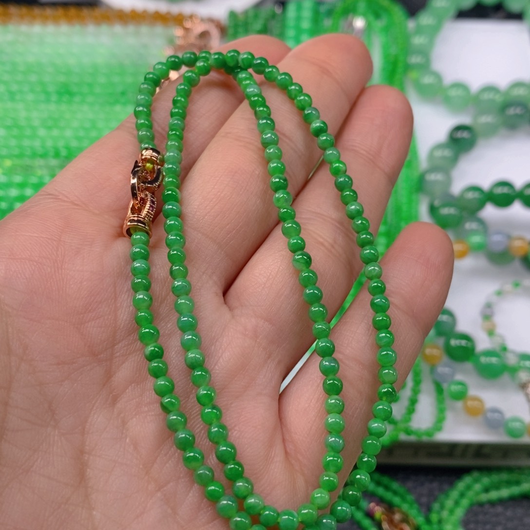翡翠颈饰未镶嵌缅甸天然翡翠阳绿小米珠锁骨链3.5