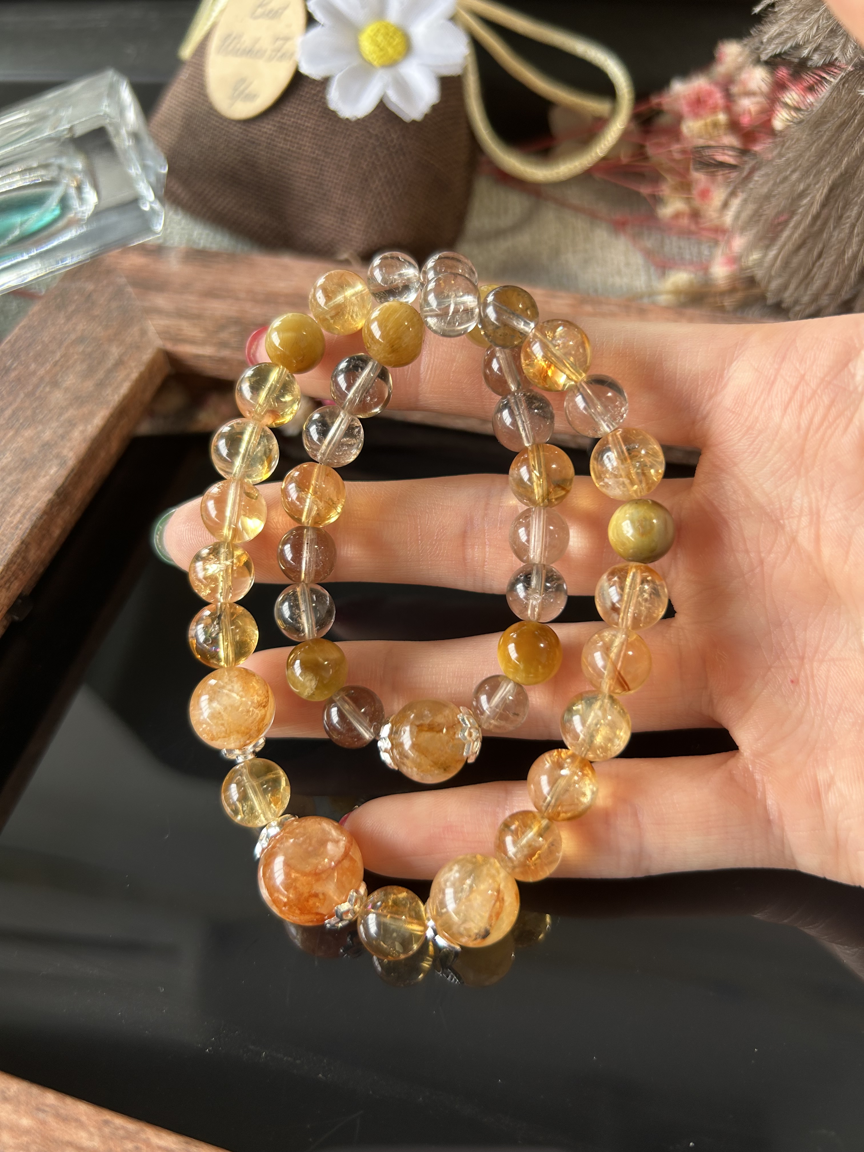 y1073暴力来Ch/ai【黄塔茶晶金虎黄胶】双圈手链