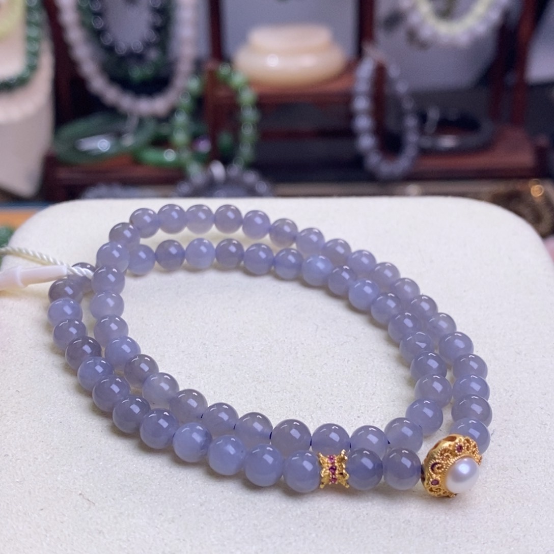 和田玉精品烟紫老矿料高冰两圈手链6m未镶嵌