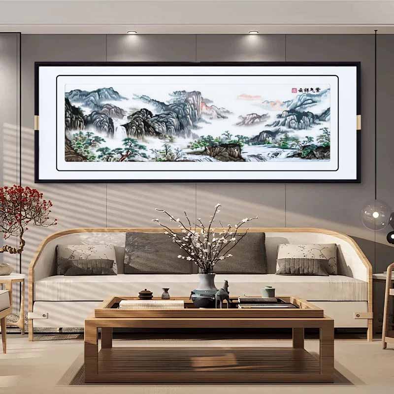 紫气祥云新中式沙发背景墙苏绣挂画高档客厅刺绣装饰画山水风景画