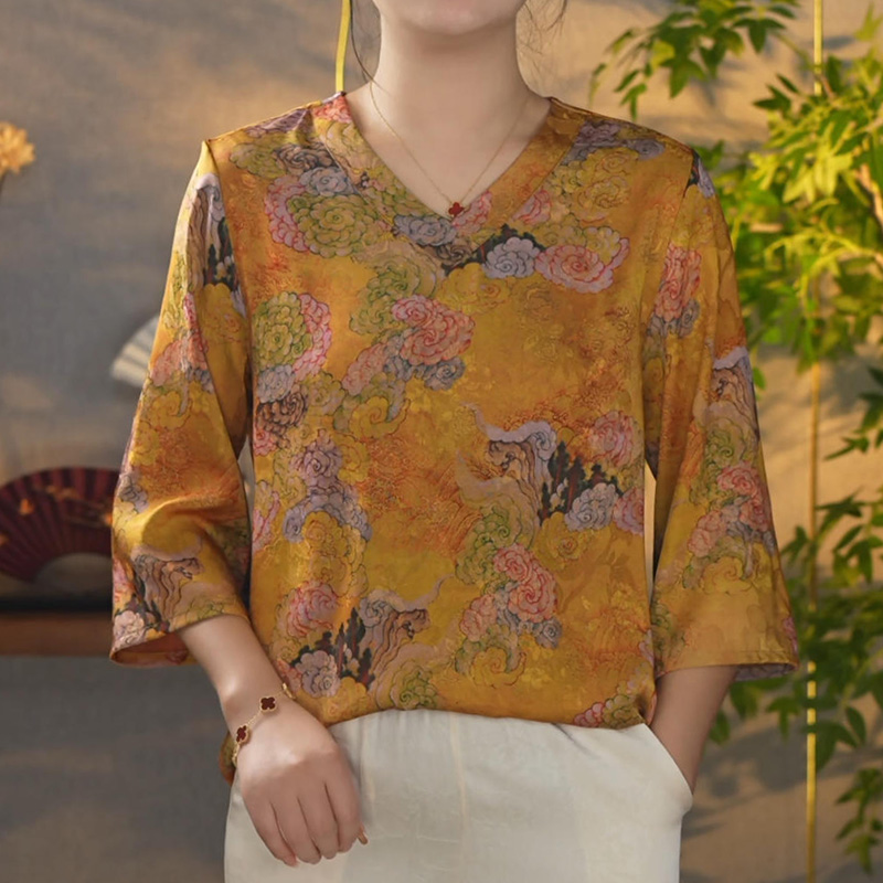 【191祥云】2025年新款印花常规款V领百搭老钱风气质妈妈装