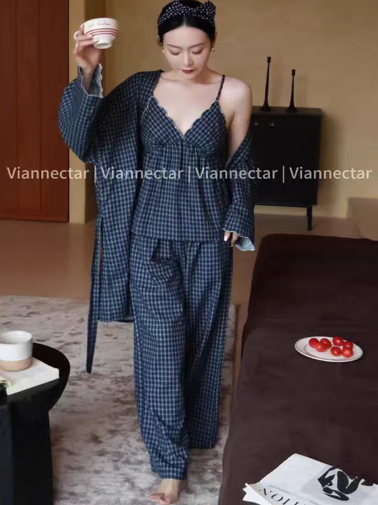 S257四季V领睡衣连体裤耐磨套装常规款睡袍格子长袖秋季