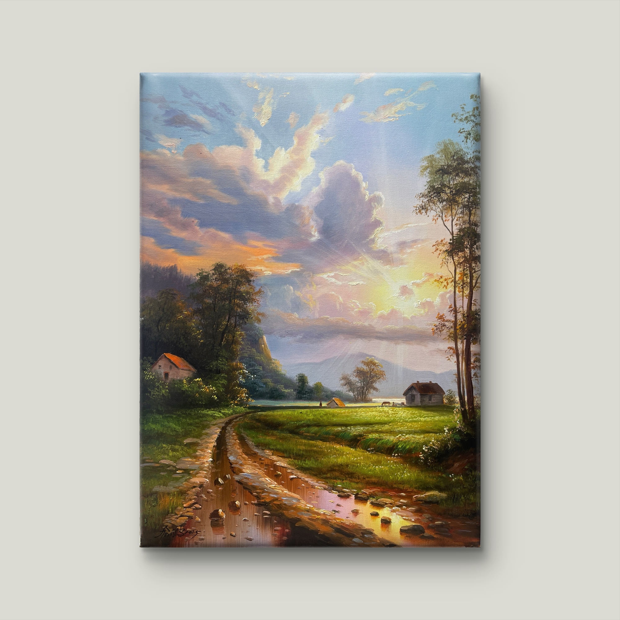 竖版美式乡村风景油画装饰画适合酒店客房与客厅玄关