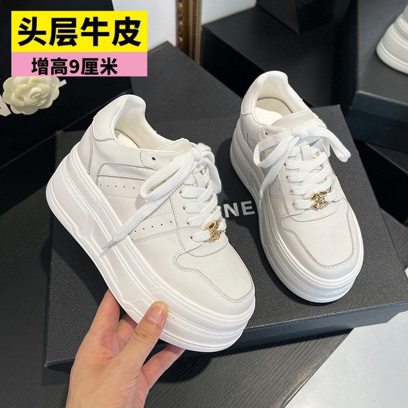 头层牛皮小个子隐形内增高9cm小白鞋女厚底轻便百搭休闲运动板鞋