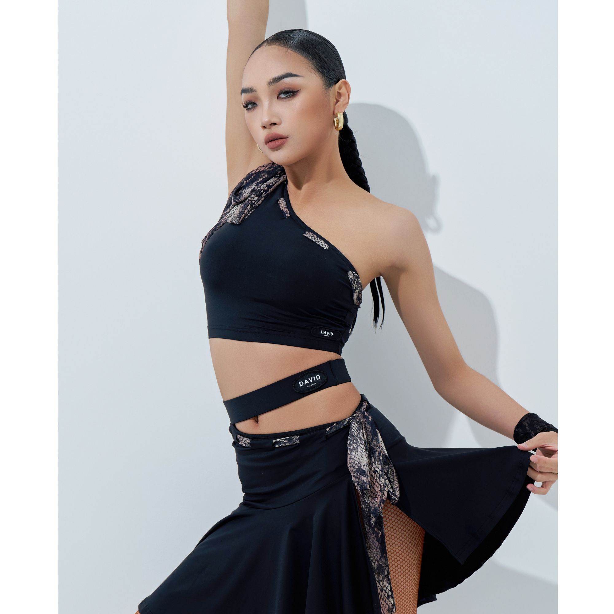 DAVID【分体上衣】女士拉丁舞练习服蛇纹绑带斜肩DW220