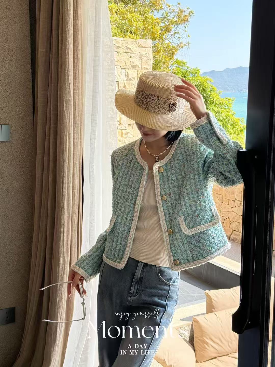 圆领单排扣女宽松型可调节短外套上衣百搭复古编织气质小香风