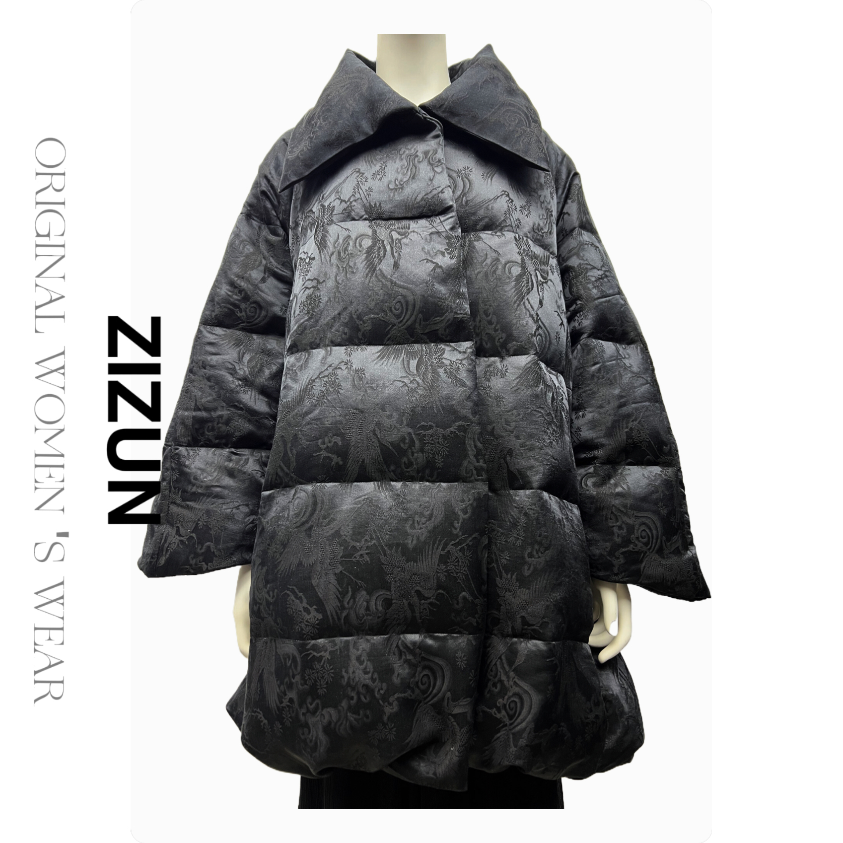 ZIZUN/姿尊高定冬季桑蚕丝桑波缎提花女士鹅绒中长款大衣外套