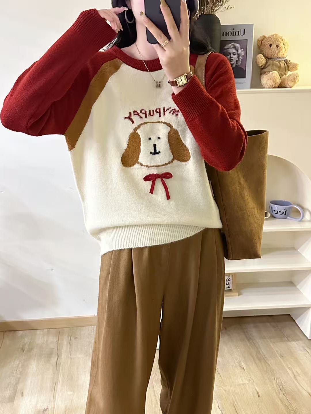 T1157 蝴蝶结小狗 韩系秋冬插肩袖针织套头女
