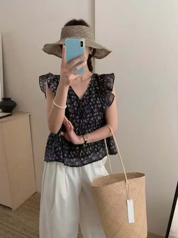 女款小飞袖碎花雪纺衬衫夏季新款爆款轻奢高级感小衫