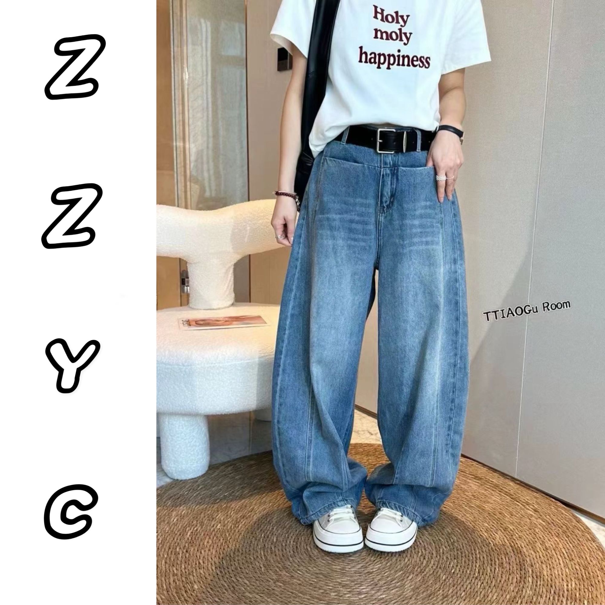 ZZ赵赵2028秋独特超好看慵懒松弛感高腰牛仔裤宽松镰刀裤香蕉长裤
