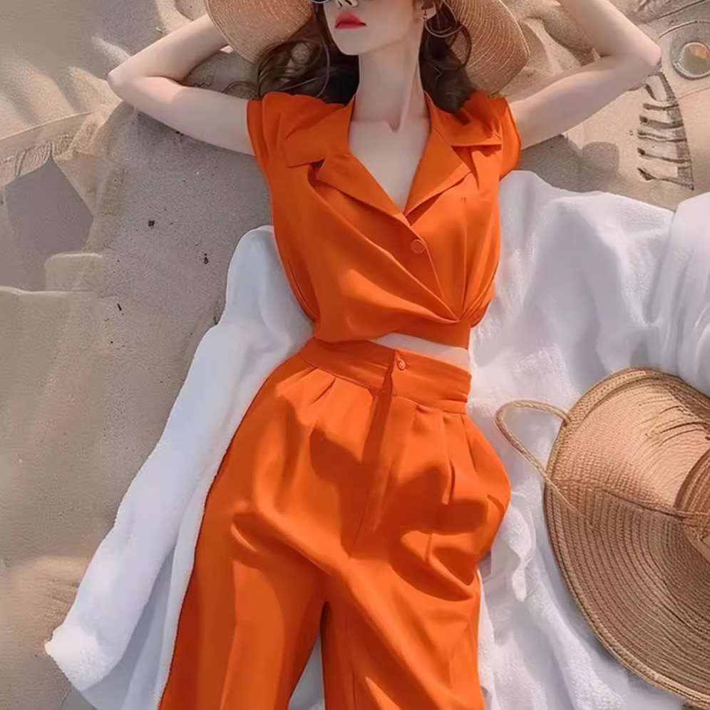 夏日多巴胺出游穿搭橘色衬衫女装套装裤轻奢高级感女人味时尚洋装