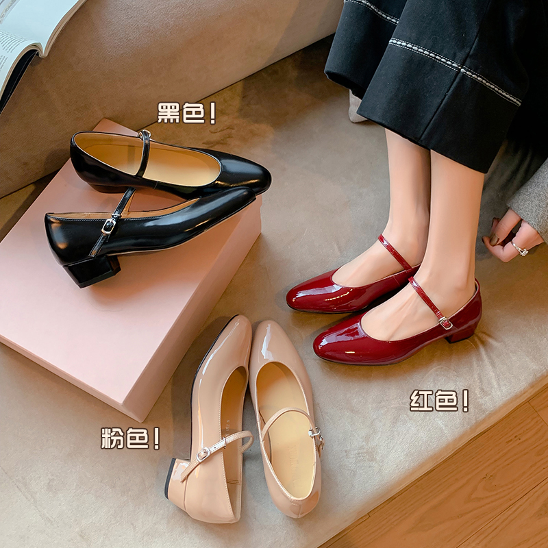 刘叨叨 3.5CM新款圆头粗跟百搭女鞋真皮一字带浅口玛丽珍鞋女单鞋