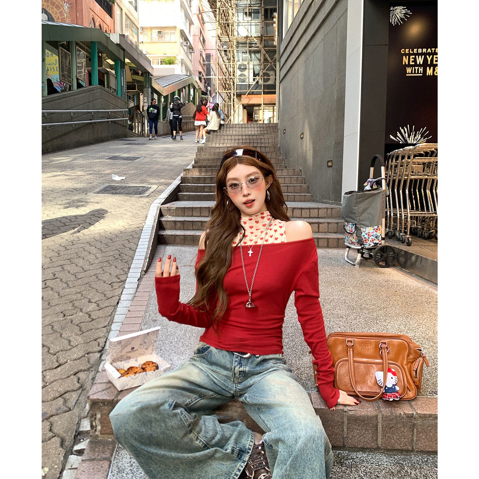 WRXS韩系两件套甜美一字肩长袖T恤女修身显瘦内搭秋冬季纯欲上衣商品图