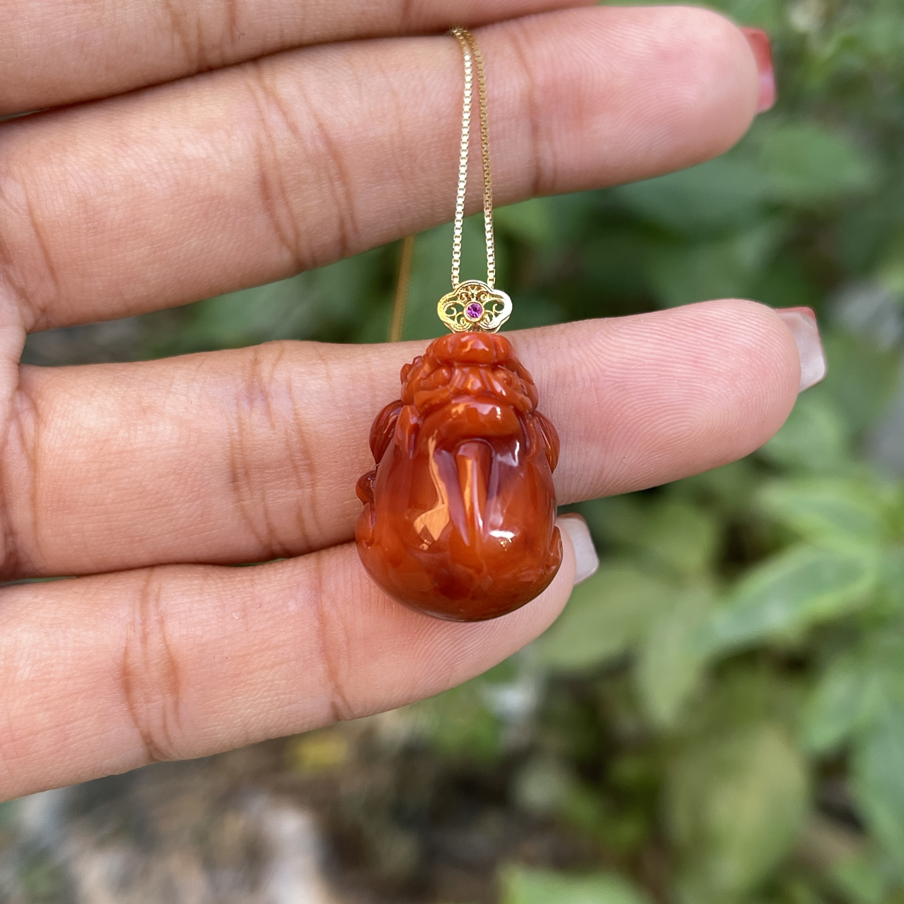 (典藏级)南红瓦西柿子锦红 貔貅 吊坠 颜色红润18K镶嵌 全品无暇 