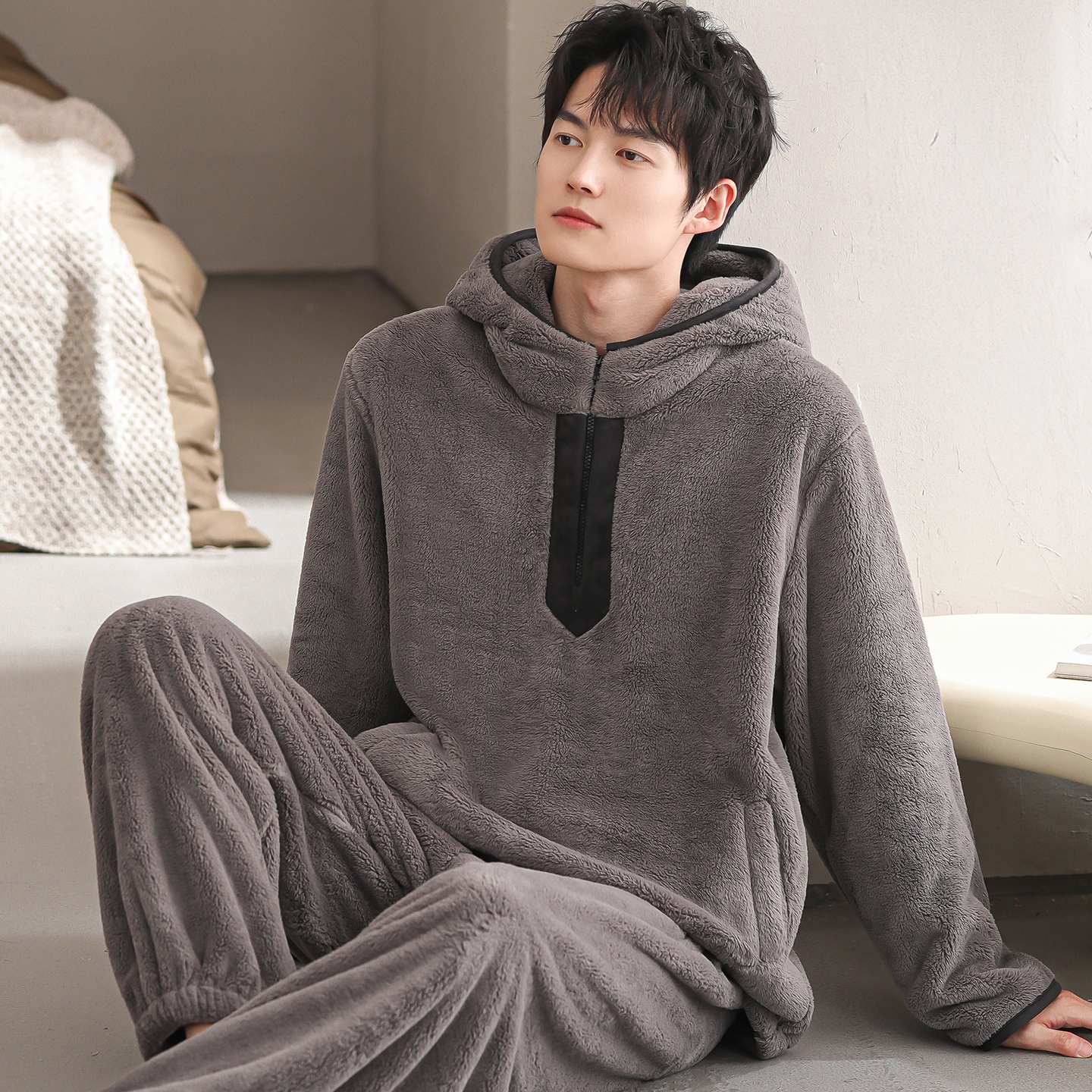 睡衣男秋冬加厚加绒法兰绒套装珊瑚绒家居服开衫拉链大码保暖冬装