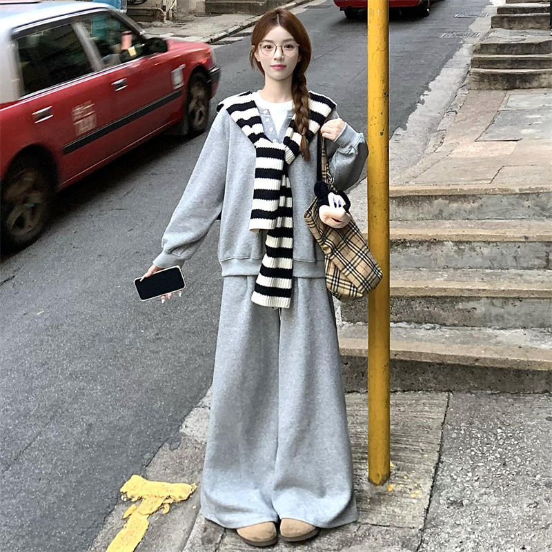 【女明星】2025秋冬新款纯色卫衣套装长袖~裤宽松叠穿＋披肩