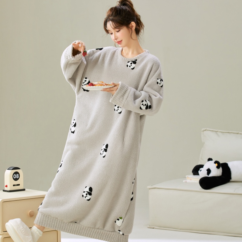  秋冬季新款半边绒睡裙加绒保暖家居服