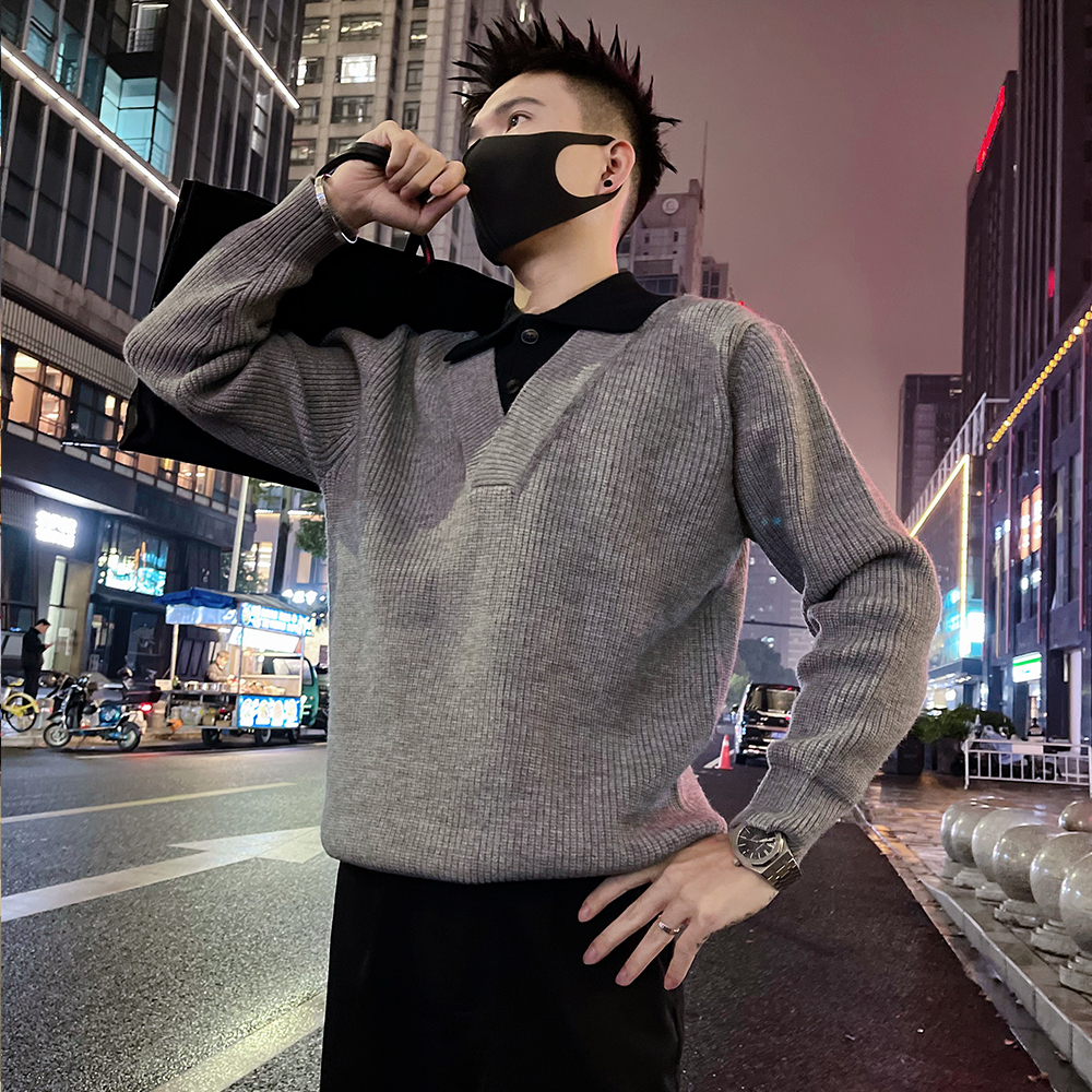 假两件翻领毛衣男款秋冬季线衣2025新款高级感撞色拼接针织打底衫