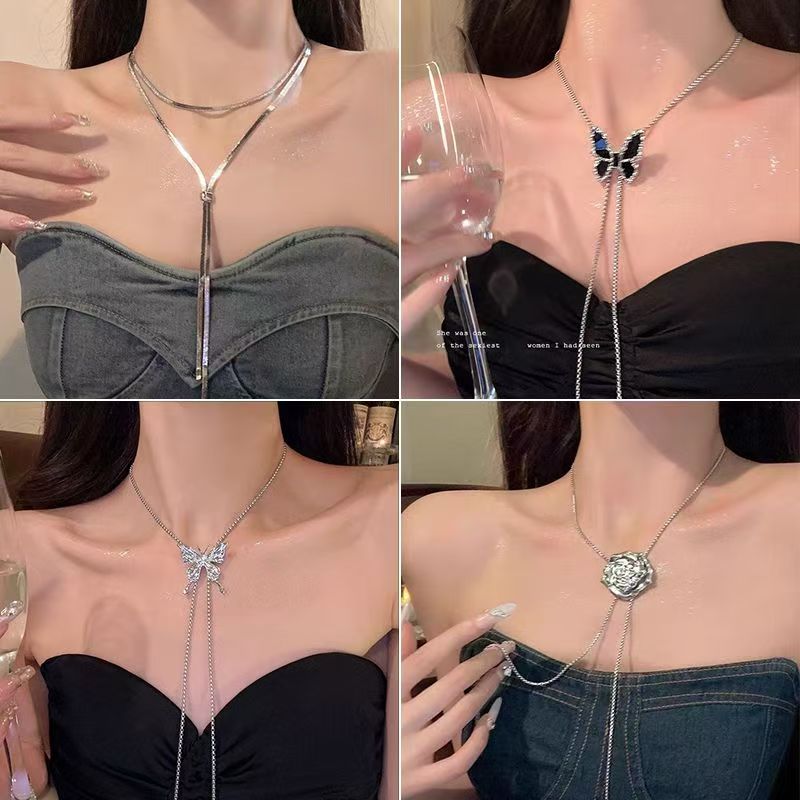 合金项链 X0025 ins高级感可抽拉银色蝴蝶流苏项链女轻奢时尚