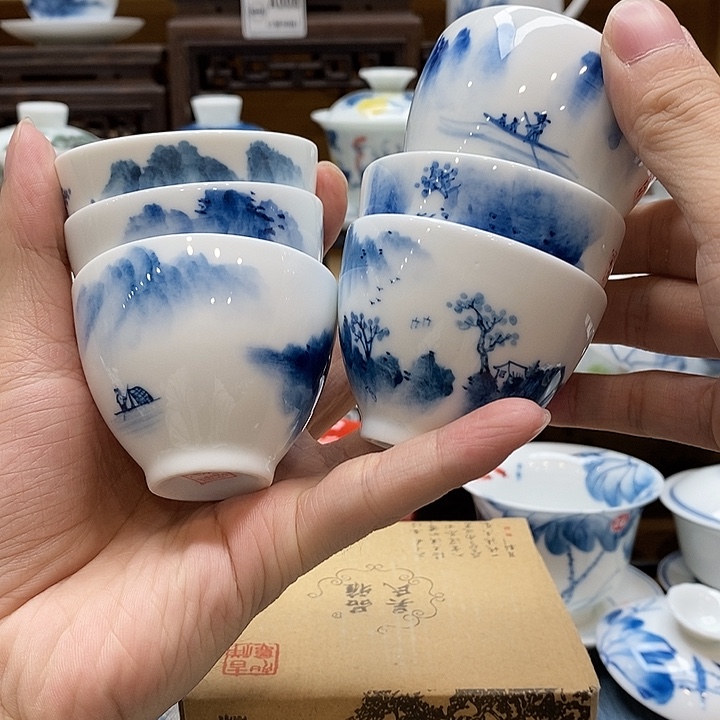 手绘水乡杯子6个60cc一套釉下彩微瑕福利款