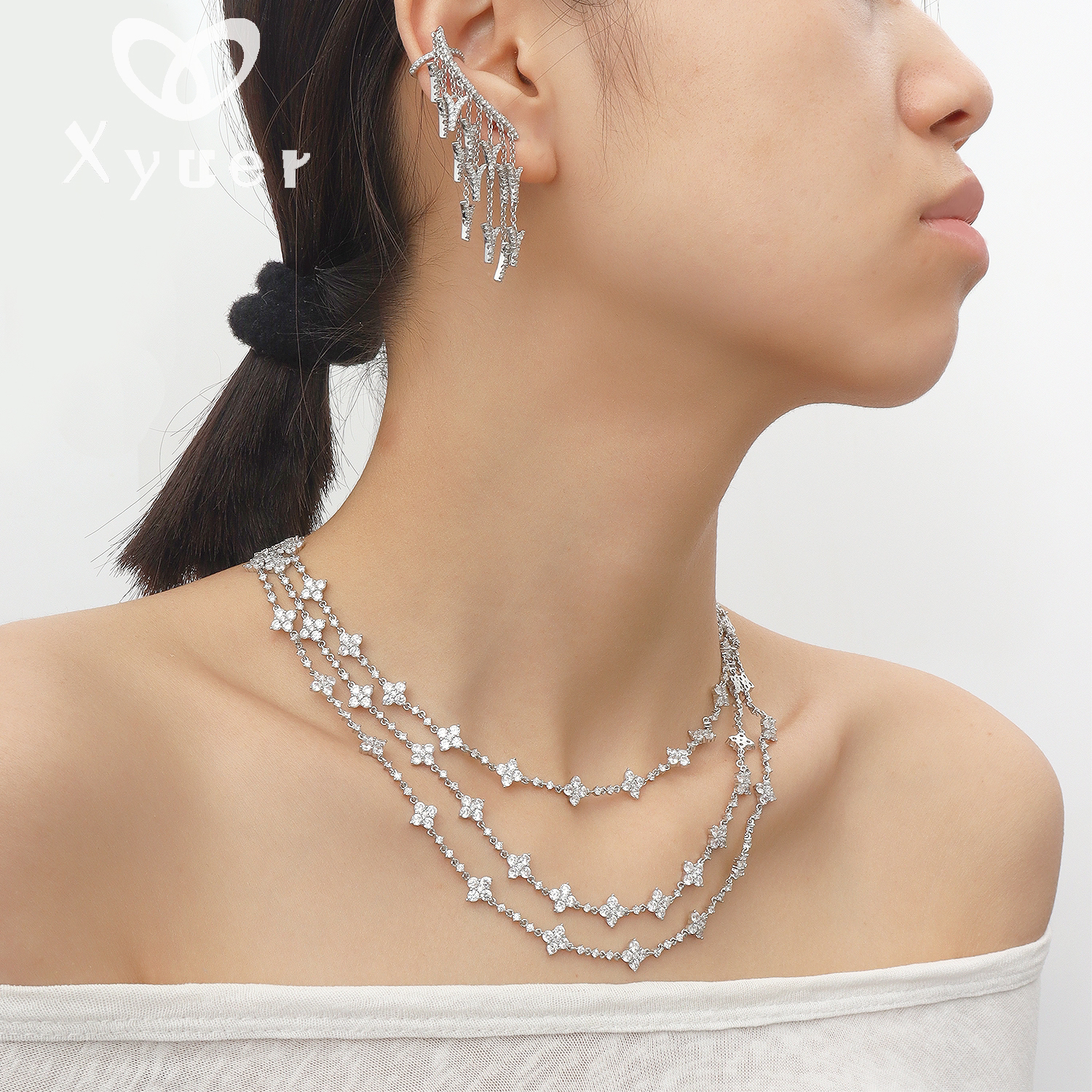铜合金合成锆石项链 Xyuer三层高级感三层闪耀款首饰两件套