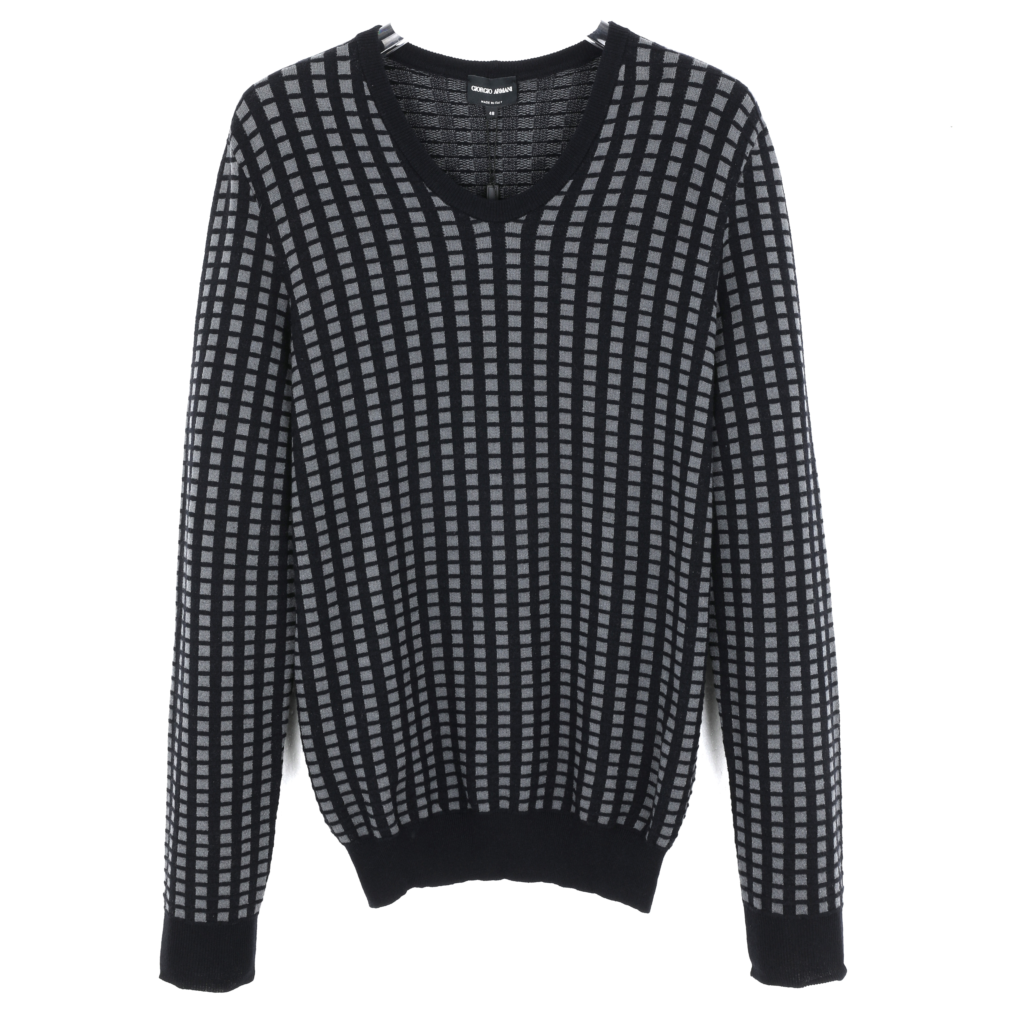 GIORGIO ARMANI阿玛尼 男士修身版V领格纹针织衫 MSM17MMS05E