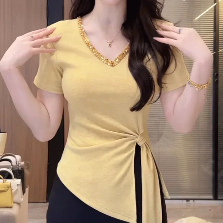 不规则系带收腰V领短袖T恤女2025夏季亮片设计感修身显瘦纯欲上衣