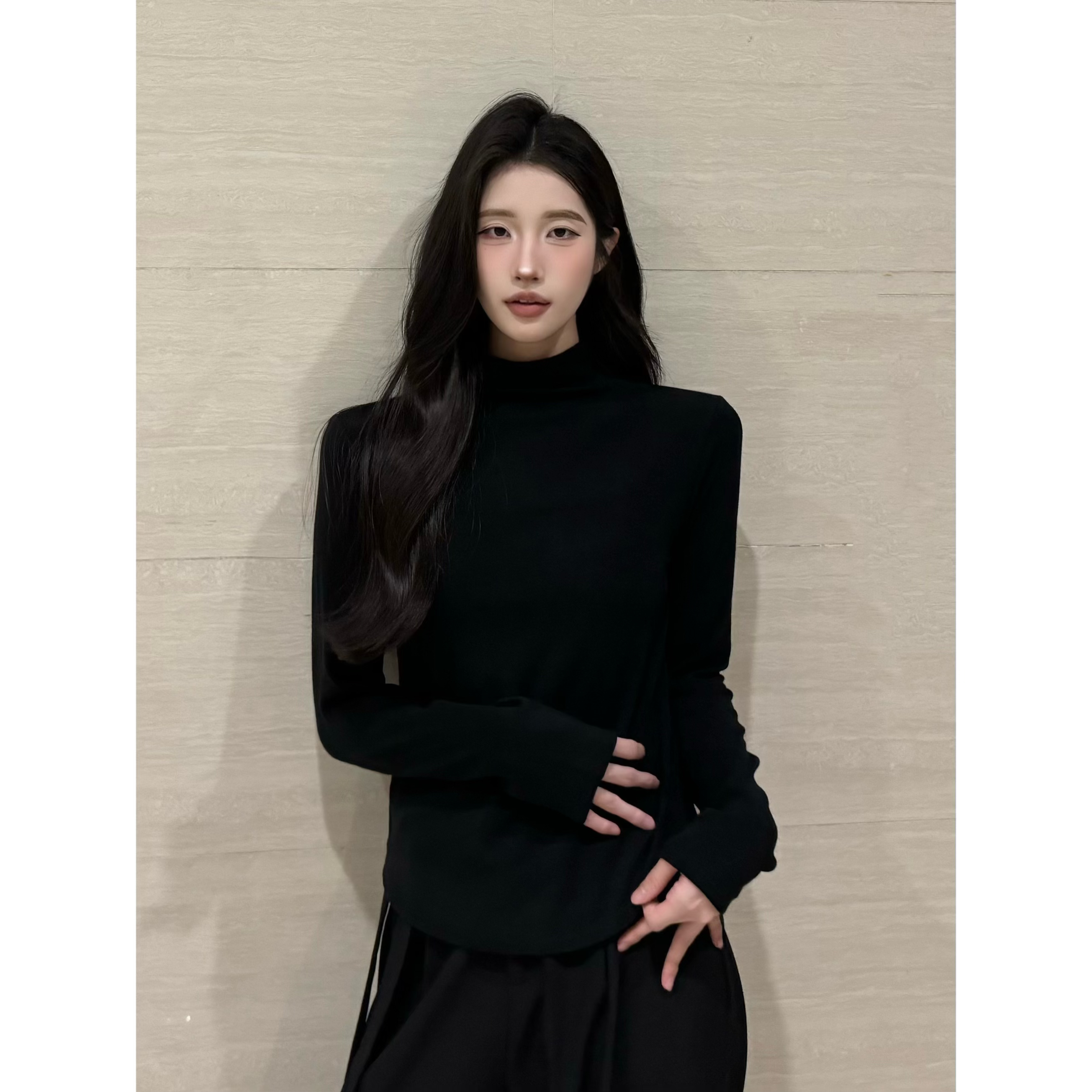 PANPANSTUDIO韩系简约通勤秋冬百搭抓绒加厚打底上衣显瘦气质