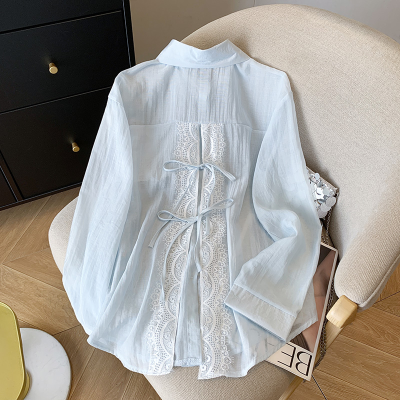 设计感后背开叉绑带拼接蕾丝长袖防晒衬衫外套女夏季薄款宽松衬衣