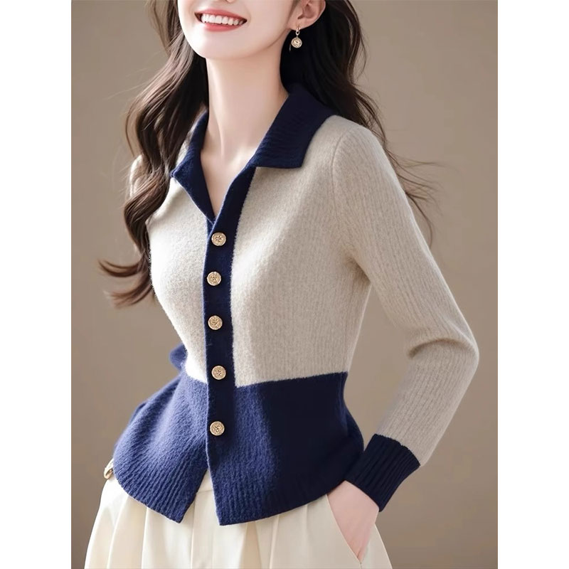 法式精致绝美撞色翻领针织衫女春季新款洋气百搭好看内搭长袖小衫