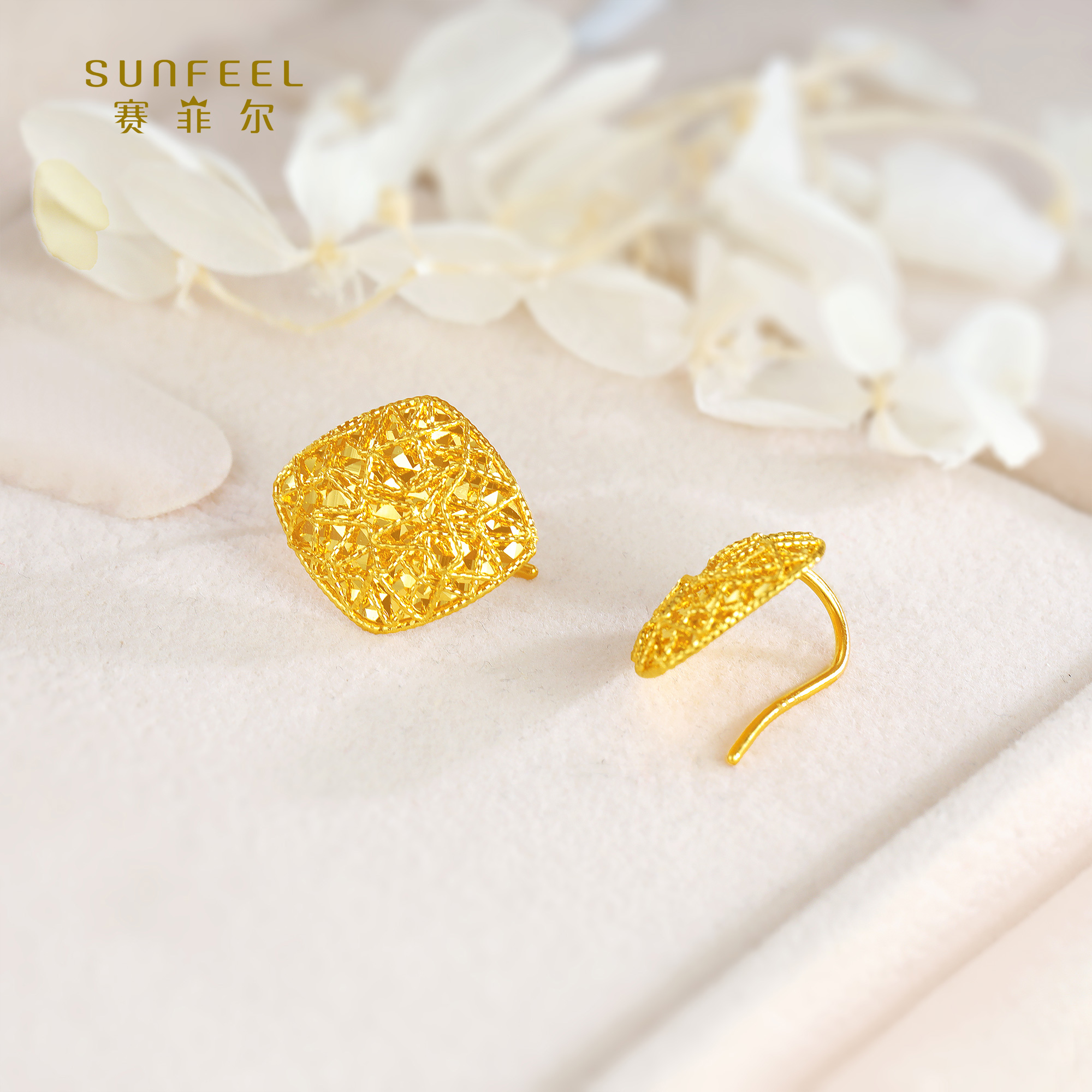 SUNFEEL/赛菲尔【十店】足金5G时尚花丝菱形耳吊5GE00809