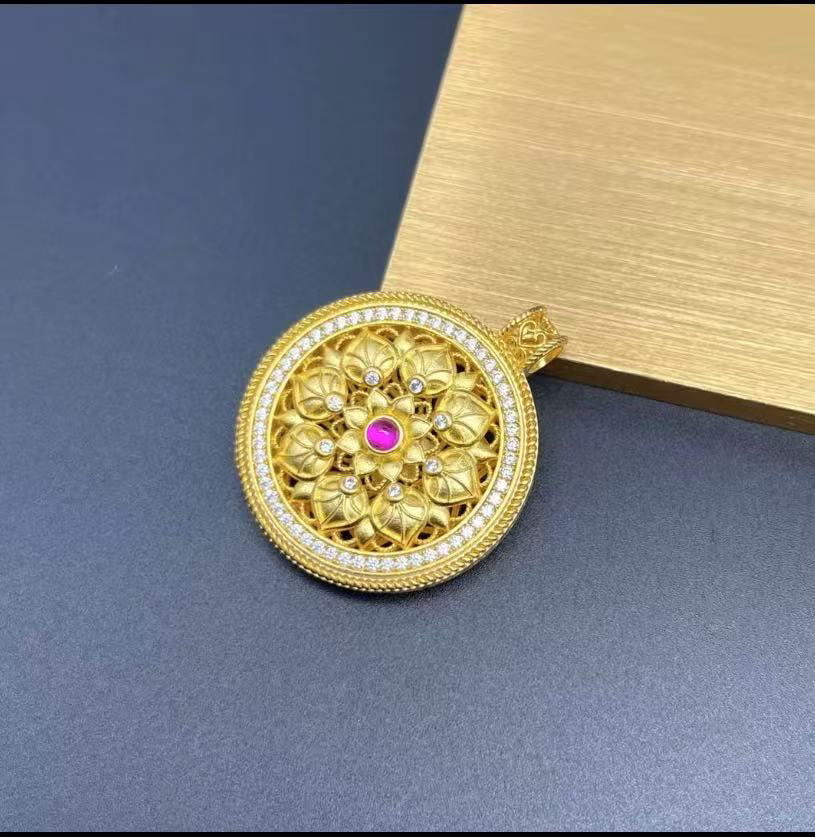 吊坠足银 国潮风红满钻花窗罗盘吊坠8093（不配链子）