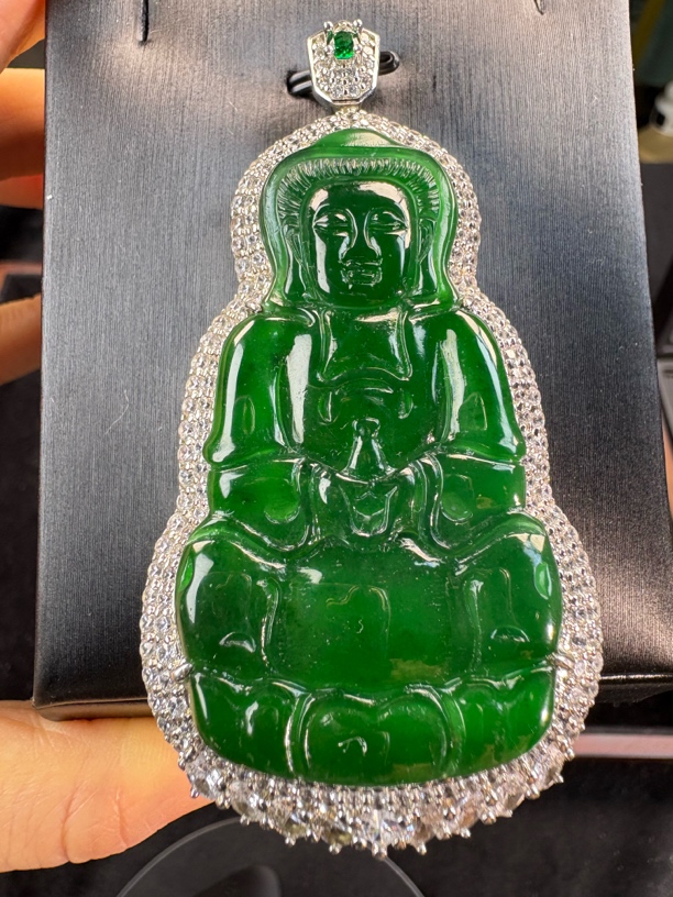 天然A货翡翠观音S925银镶嵌佛公一个