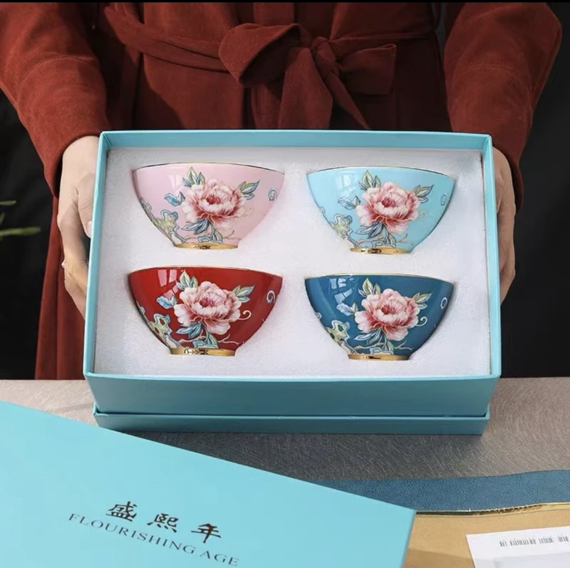 中式盛熙年骨瓷碗牡丹花荷花蝶恋花套碗四个装套