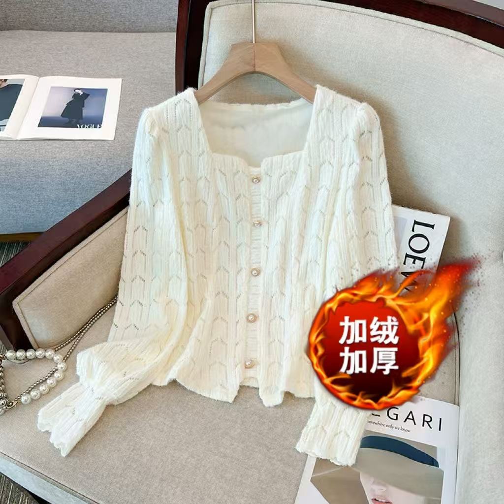 大码女装法式气质方领蕾丝秋冬加绒加厚显瘦小衫