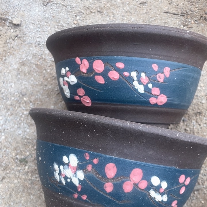 紫砂蓝色富贵点彩小一对花盆