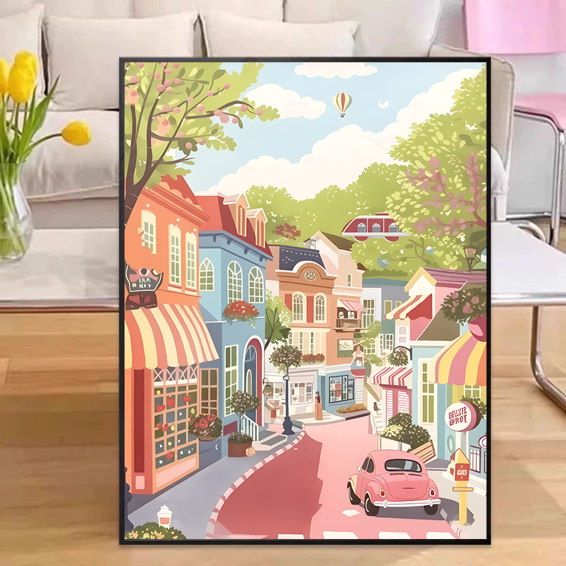 现代多巴胺城市美景餐厅砂岩高级感客厅沙发背景墙装饰画Q02