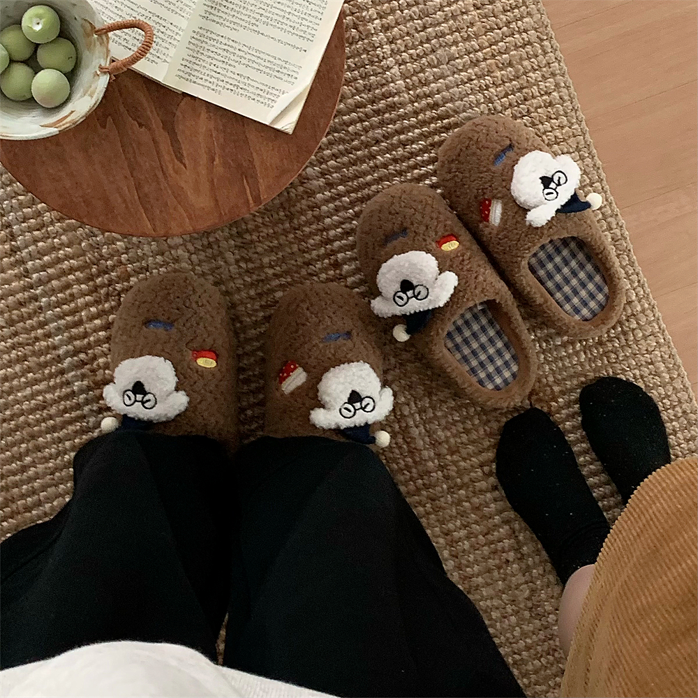 趣味小狗少女心月子毛毛拖鞋可爱棉拖鞋男女新款居家情侣地板鞋冬