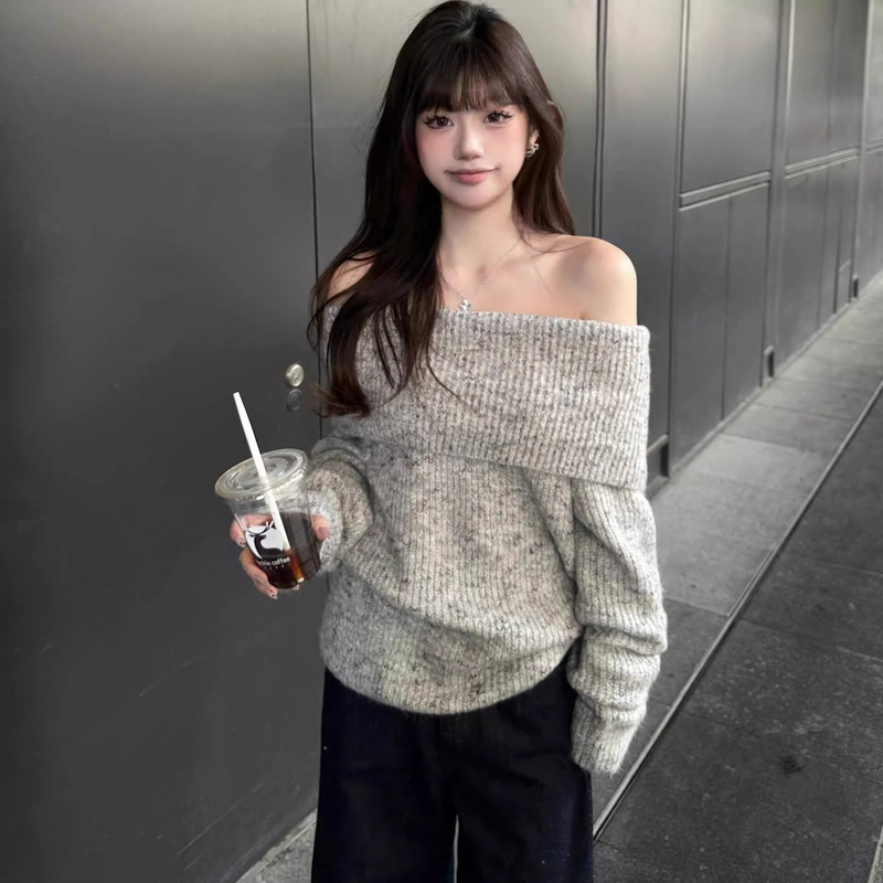 灰色露肩韩系套头毛衣女慵懒风宽松休闲显瘦气质小个子长袖上衣