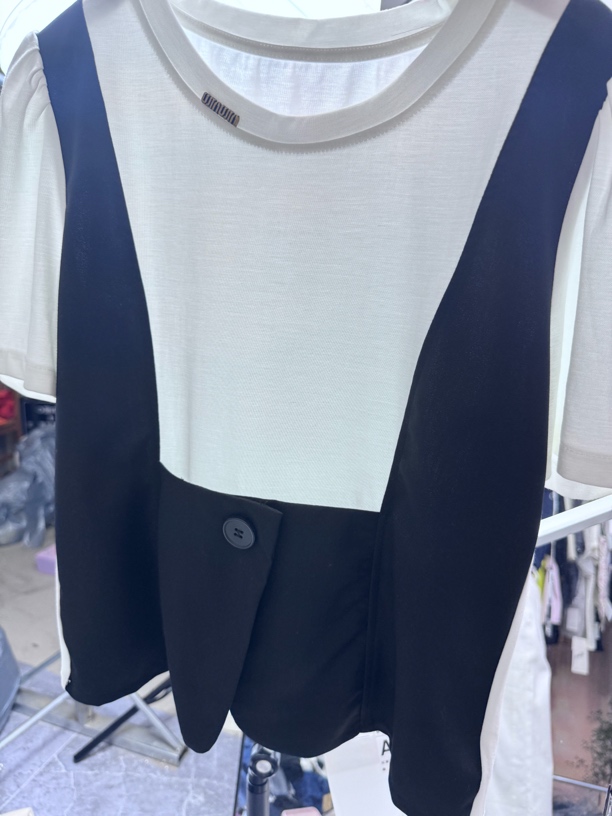 拼接短袖纯色圆领常规款通勤T恤夏季套装气质设计师